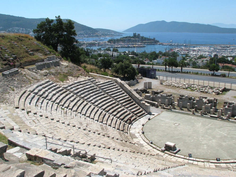 The Halicarnassus Threatre in Bodrum, Turkey sits on the hillside overlooking the city, built to hold 13,000 individuals, the theatre has separate sections for the audience, stage, and orchestra.  A must-see site for anyone visiting Turkey!