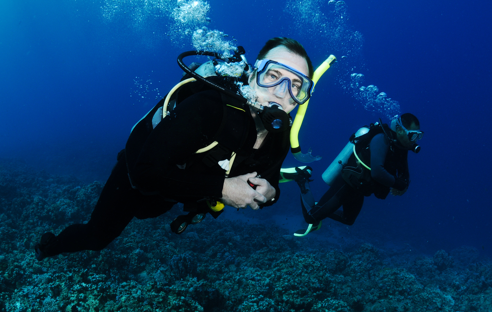 Two male divers exploring a wall coated in coral 