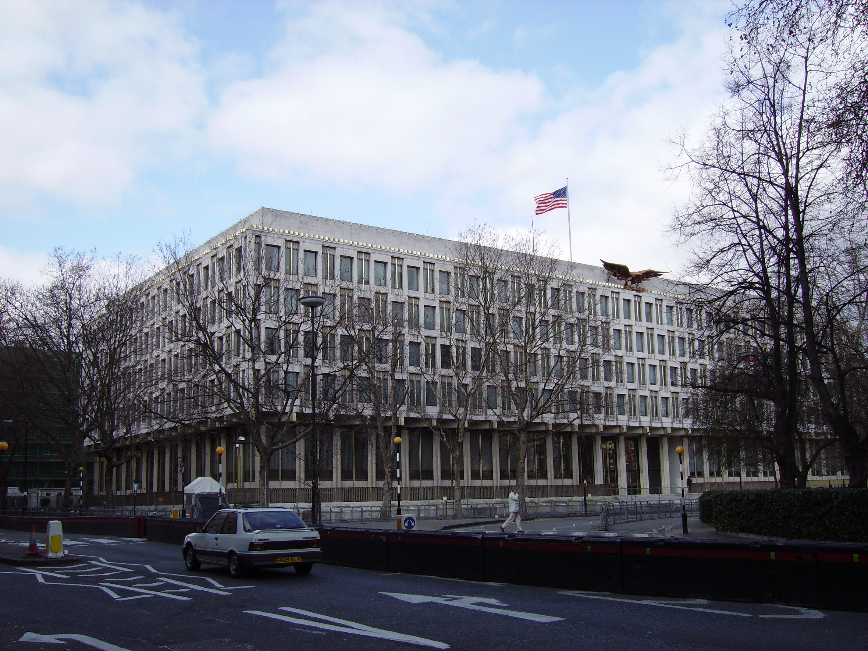 U.S. Embassy in London, bears the American flag and bald eagle, and is available to assist travelers with any questions or issues that may arise 