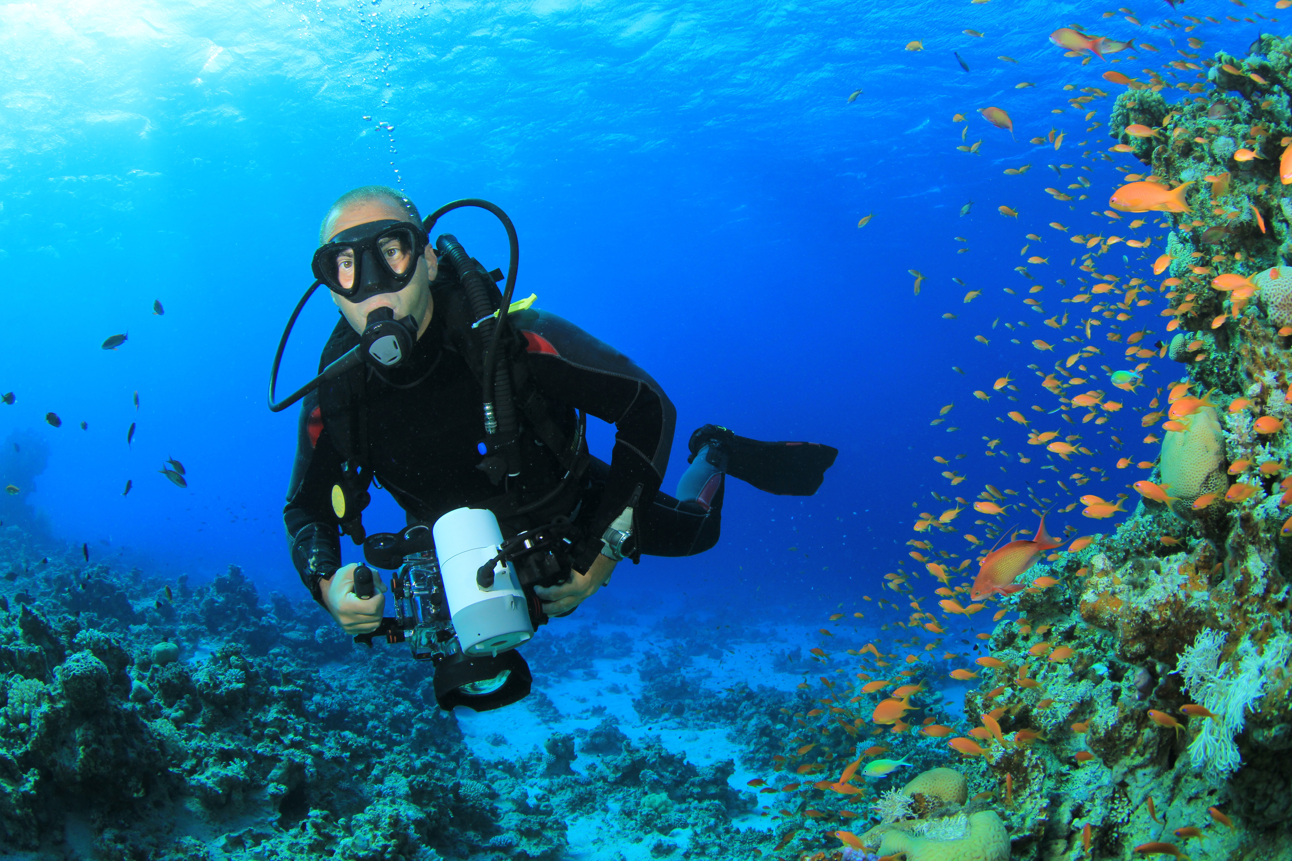 A male diver practices his underwater videography skills on a dive in the Caribbean Sea