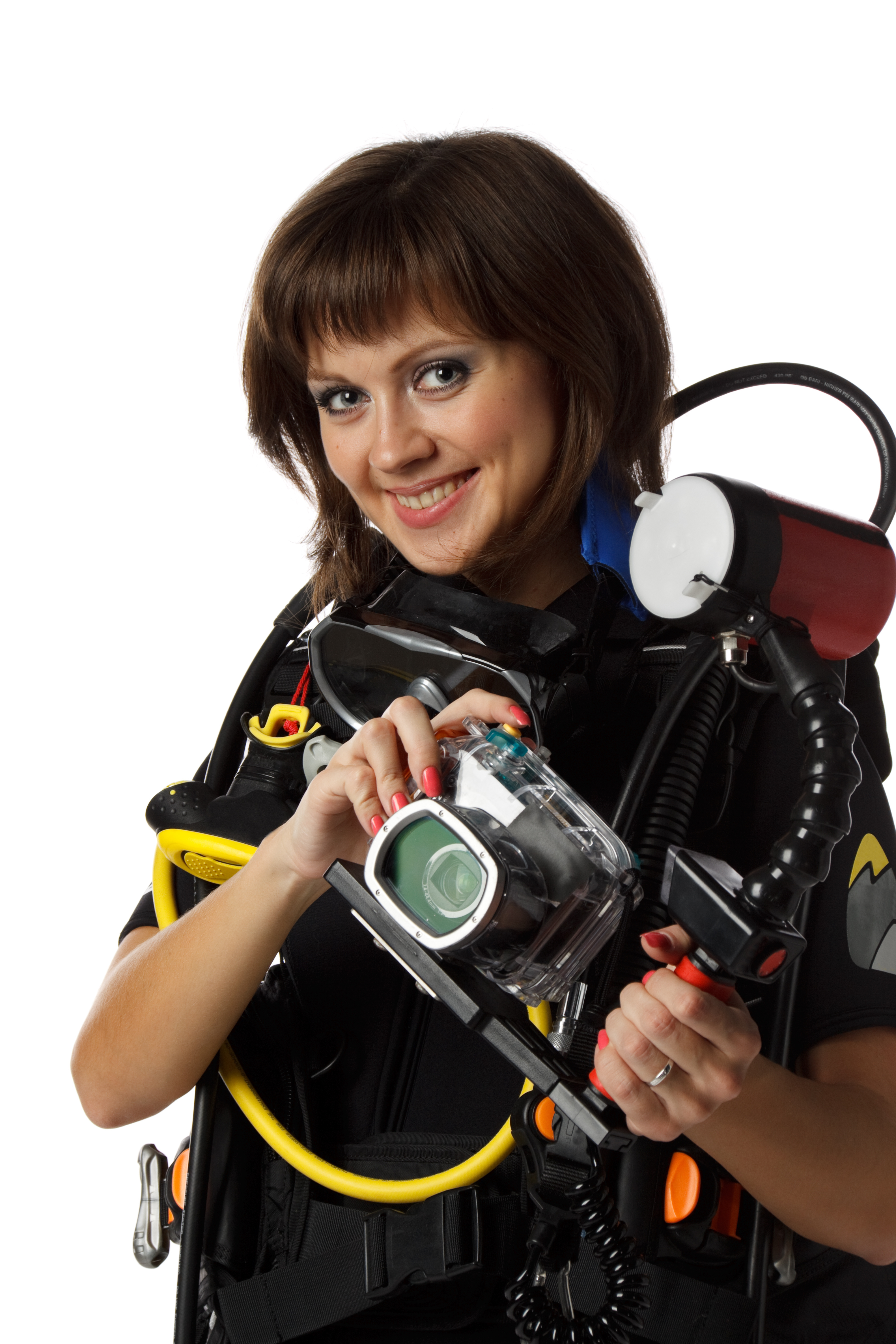 dive equipment sales representative holding underwater camera with housing