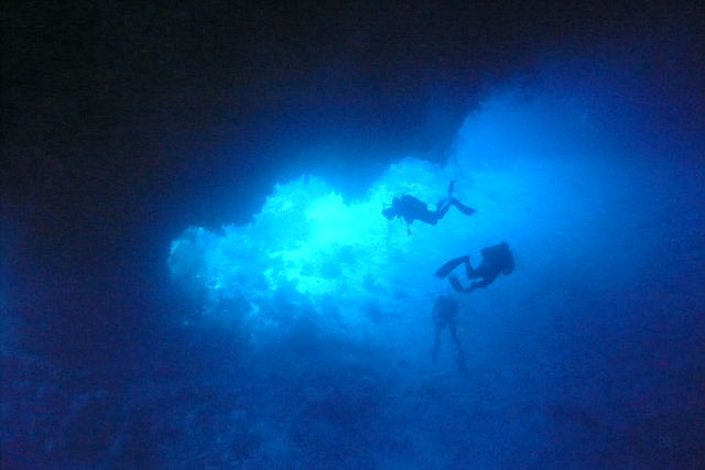 Three divers explore the Siaes Tunnel dive site in Palau