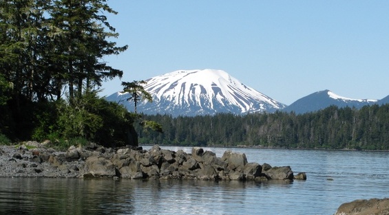 Panoramic view of the snow covered Magic Island in Sitka, Alaska